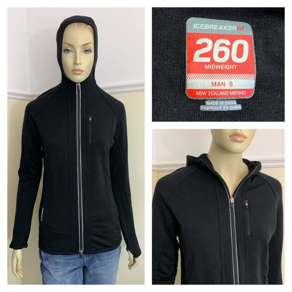 ICEBREAKER GT 260 midweight 98 merino spandex zip pockets full zip Hood jacket S